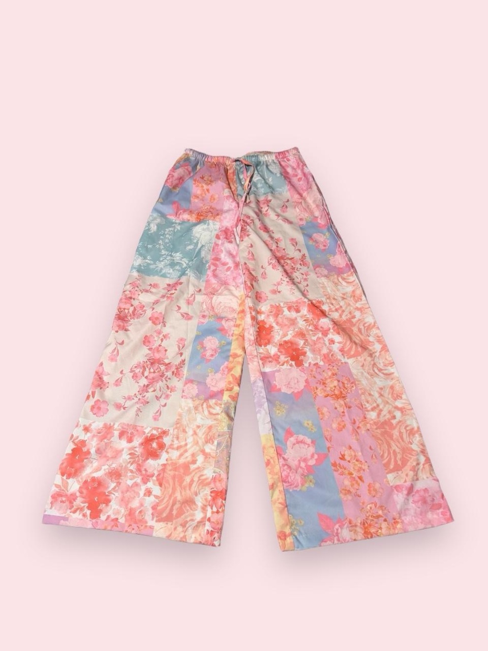 SHEIN Floral Patchwork Wide-Leg Pants - Pink Blue Cream